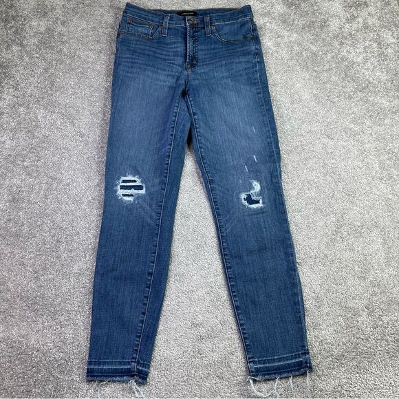 J. Crew Jeans Women's 27 Blue Skinny High Rise Dark Denim Distressed Toothpick - Picture 1 of 13
